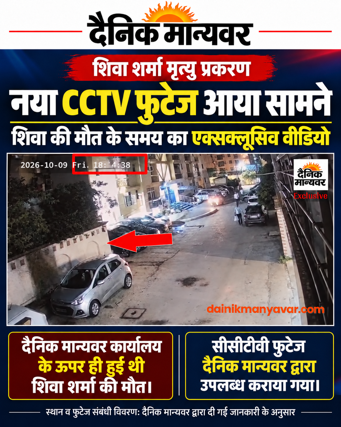 9 अक्टूबर को 6:24 38 सेकंड पर शिवा शर्मा के गिरते हुए परछाई दैनिक मान्यवर के सीसीटीवी में रिकॉर्ड हुई